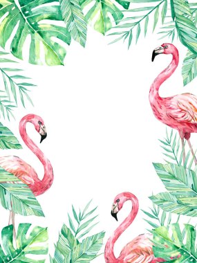 Tropikal yaz çiçek ve hayvan ile suluboya çerçeve. Flamingo, yapraklar, davet için şubeler, düğün veya tebrik kartları