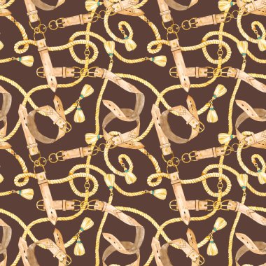 Renkli arka planda altın zincirler, kemerler ve deri halatlar ile suluboya dikişsiz desen. Lüks baskı