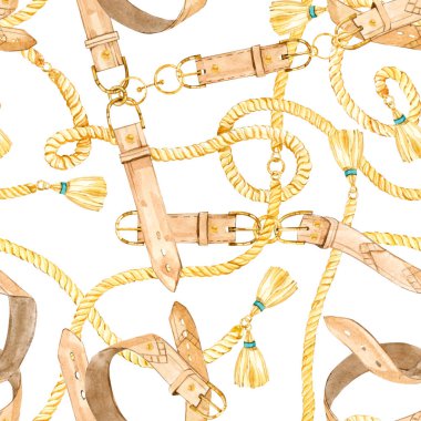 Altın zincirleri ile suluboya dikişsiz desen; kemerler ve deri halatlar. Lüks baskı