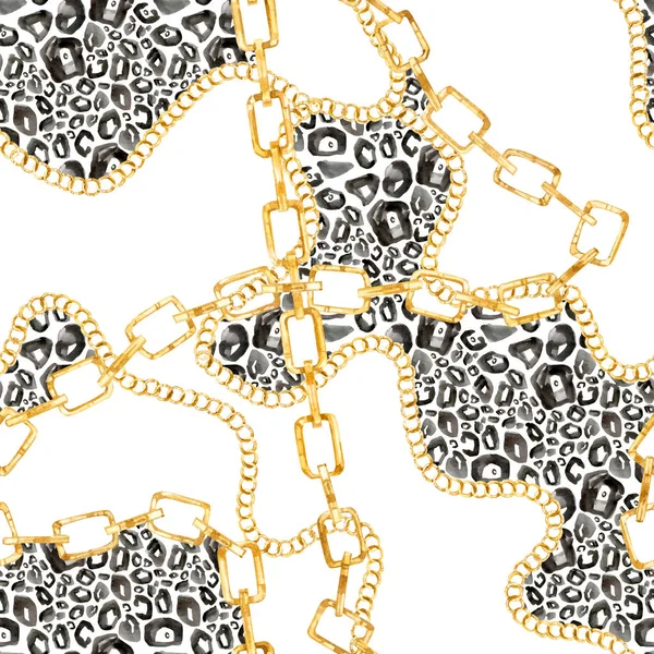 Dikişsiz desen altın zincir ve hayvan baskı; suluboya tarzı moda illüstrasyon Aksesuarlar trendy baskı