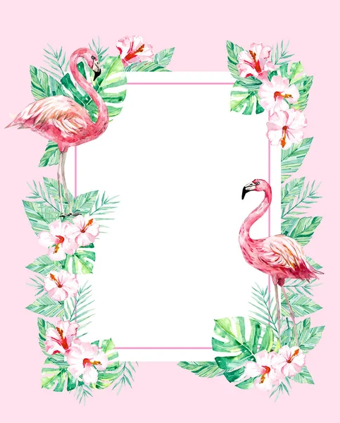 Moldura Aquarela Com Verão Tropical Floral Animal Flamingo Folhas Ramos — Fotografia de Stock