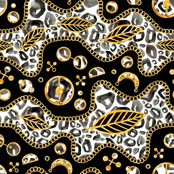 Suluboya dikişsiz desen altın zincir, yeşil değerli taş ve mücevher koyu arka plan üzerinde