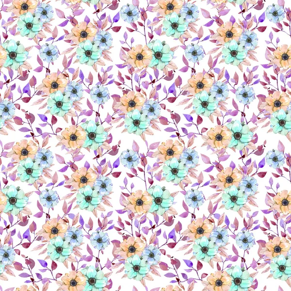 Aquarel Zomer Lente Naadloze Patroon Met Kleurrijke Bloemen Takken Behang — Stockfoto
