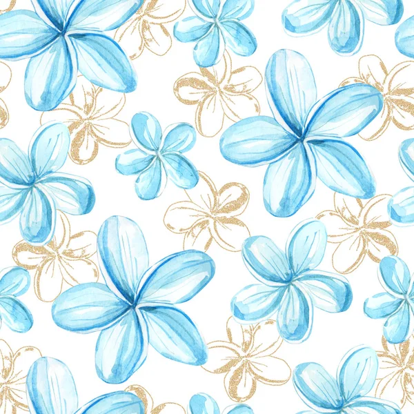 水彩热带花卉无缝图案 五颜六色的蓝色异国情调的夏季印花与花卉元素的纺织面料 — 图库照片