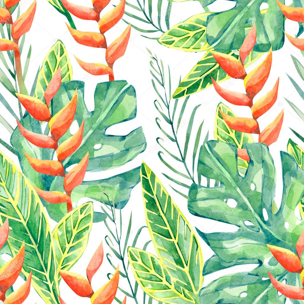 watercolor tropical floral seamless pattern, colorful exotic summer print with floral elements leaves, branches for the textile fabric and wallpapers summer