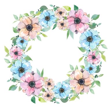 Çiçekler ile suluboya çelenk. Bahar veya yaz çiçek davetiye, düğün veya tebrik kartları için