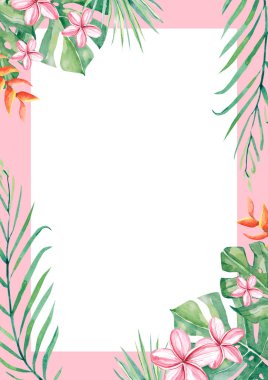 Düğün, yıldönümü, doğum günü, davetiyeler, kartlar için suluboya tropik çiçek ve yaprak düzenleme çerçeve