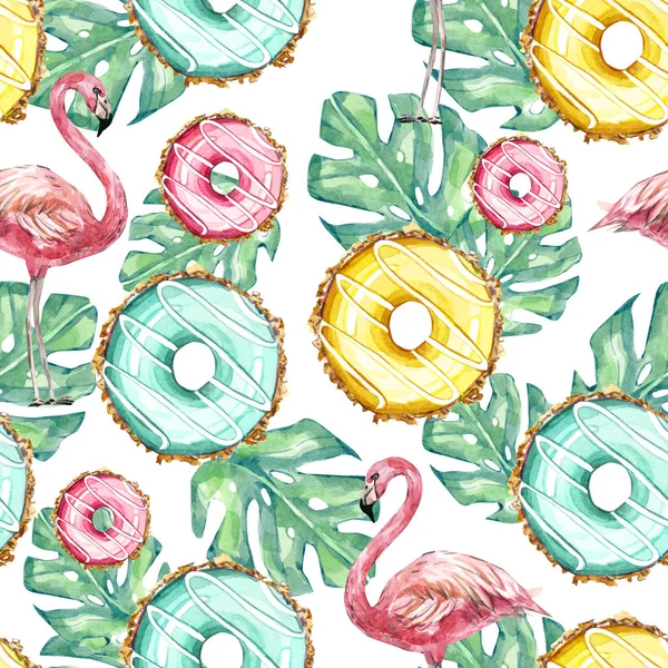 Tekstil kumaş ve duvar kağıtları için suluboya desensiz donutlar, badem kurabiyeleri, tropikal yapraklar ve flamingo.