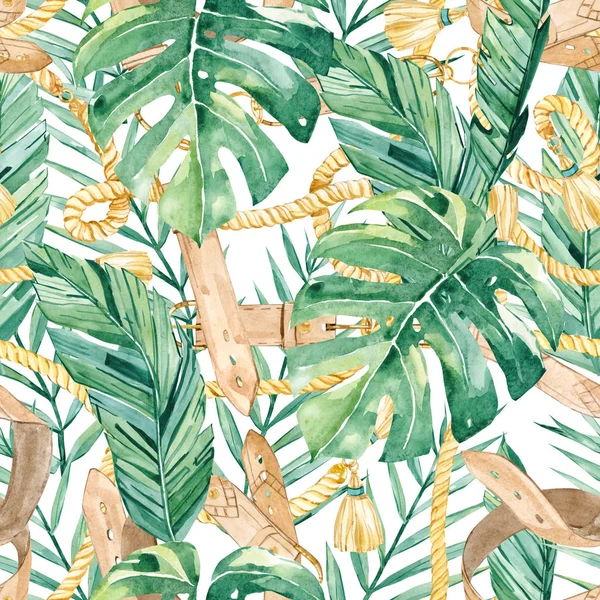 dikişsiz suluboya desenli altın zincir ve tropikal yapraklar, tekstil kumaş ve duvar kağıtları için renkli yaz baskısı 