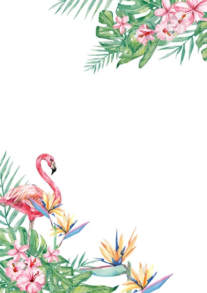 Flor Tropical Aquarela Flamingo Armação Borda Arranjo Folha Para Casamento — Fotografia de Stock