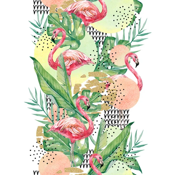 watercolor tropical floral and flamingo, branches and leaves background -abstract seamless pattern tropical plant hand drawn illustration