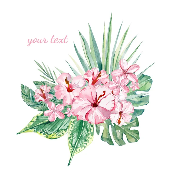 watercolor tropical flowers, branches and leaves - summer illustration for wedding stationary, greeting cards, wallpapers, backgrounds