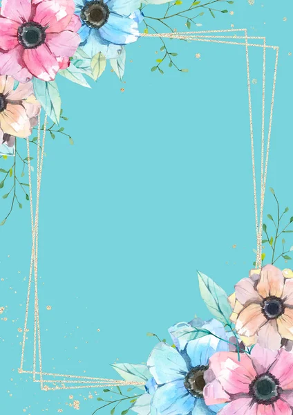 Акварельна Весільна Листівка Квіткова Рамка Шаблон Літні Квіти Листя Гілки — стокове фото