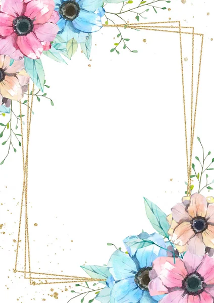 Suluboya düğün kartı - çiçek, çerçeve, şablon. Yaz çiçekleri, yapraklar, düğün invintation için dalları ang altın nokta, greerind kart, kartpostal
