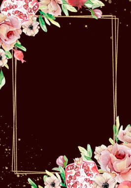 Hand drawn watercolor card. Botanical frame with pomegranate, branches, leaves and flowers. Floral Design banner. Perfect for wedding invitations, greeteng cards, posters, on dark background.