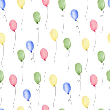 Happy birthday seamless pattern background. Watercolor happy celebration with colorful balloons. Bright illustration for greeting card, wrapping paper, baby album, textile fabric for kids.
