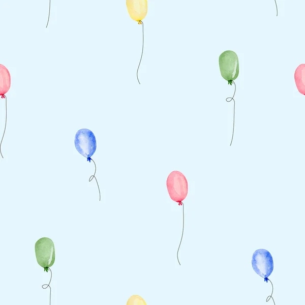 生日快乐无缝图案背景 用彩色气球庆祝水彩画 包装纸 婴儿用品 儿童用纺织品的明亮图解 — 图库照片