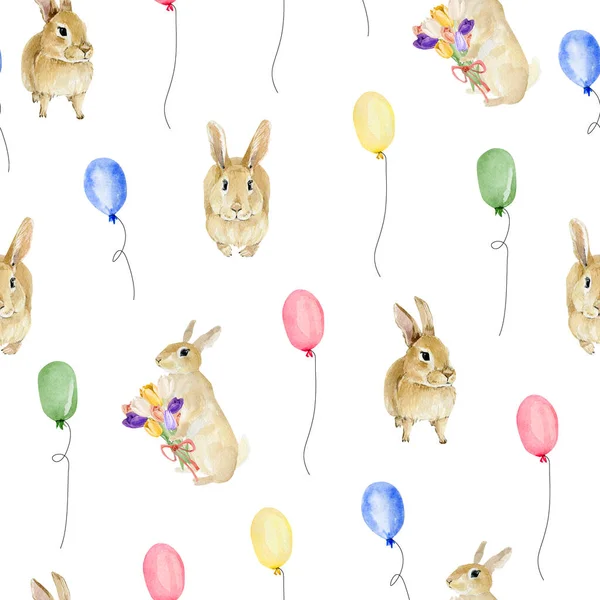Rabbit Pattern Background Watercolor Happy Cute Bunny Colorful Balloons Cartoon — Stockfoto