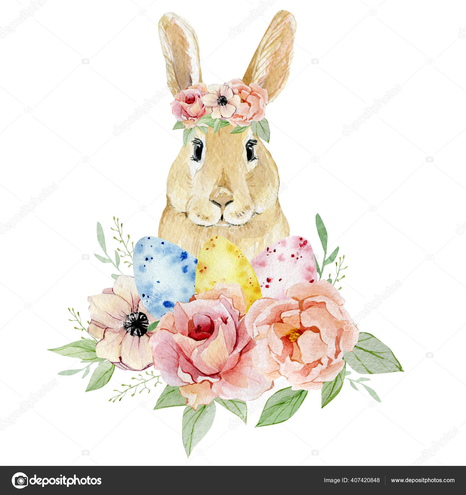 컬러의 부활절 재미있는 토끼와 식물학적 단면을 이루는 색종이 현수막 엽서를 스톡 일러스트레이션 [© AUTHOR_NAME]  #407420848, image size:1600x1700