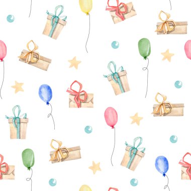 Watercolor baby shower seamless pattern. Celebration background with colorful balloons, gift box, stars. Bright illustration for greeting card, wrapping paper, baby album, textile fabric for kids.
