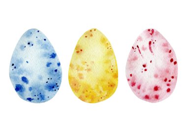 Watercolor bright color easter eggs set isolated on white background. Illustration for poster, greeting card, banner.