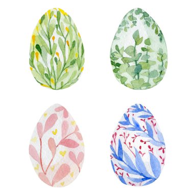 Watercolor bright color Easter eggs set isolated on white background. Illustration of floral for poster, greeting card, banner and frame .