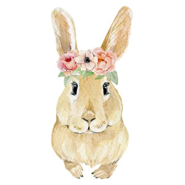Watercolor Easter rabbit. Hand drawn spring clipart animal forest anf flowers. Watercolor painting funny bunny, honey. Baby animal illustration for greeting card, wedding card, baby shower, party card.