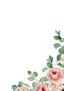 Watercolor floral frame with flowers roses, anemones isolated on white background. Botanical illustration for cards, wedding invitation, posters, banner.
