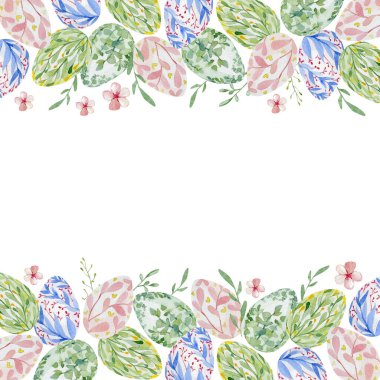 Watercolor Happy Easter with leaves and flowers card isolated on white background. Easter eggs illustration for poster, greeting card, banner.