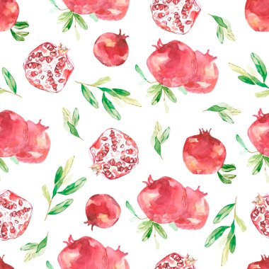 Watercolor pomegranate seamless pattern. Beautiful Botanical texture leaves and branches with fruit. Bright summer wallpaper design,baby album, textile fabric