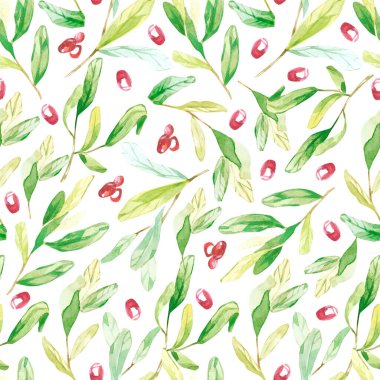 Watercolor pomegranate seamless pattern. Greenery botanical texture leaves and branches with fruit. Bright summer wallpaper design,baby album, textile fabric.