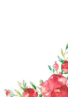 Watercolor pomegranate summer banner.  Spring botanical texture leaves and branches with fruit. Bright invintation frame for greeting card, wedding card, poster, flyer, template.