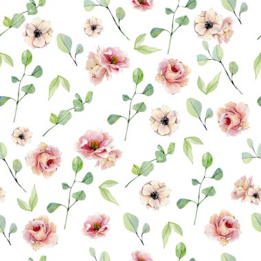 Watercolor seamless pattern hand painted eucalyptus and vintage flowers. Nature eco design branches and leaves isolated on white background.  Illustration for wrapping paper, textile fabric, rustic wallpaper.