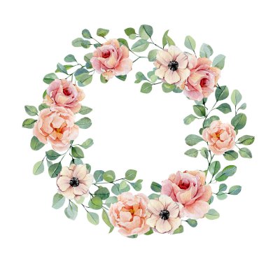 Elle boyanmış suluboya çelenk çiçek ve çiçek. Düğün ilhamı için yeşil dallar ve yapraklar. Kart, şablon, pankart.