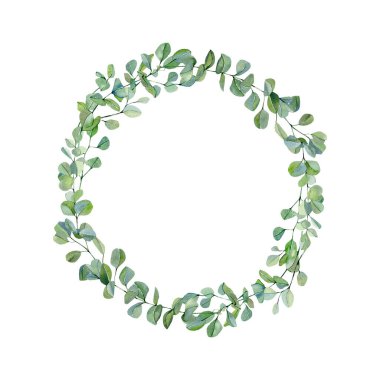 Watercolor wreath with hand painted silver dollar eucalyptus. Green branches and leaves floral illustration. Rustic garden plants. clipart