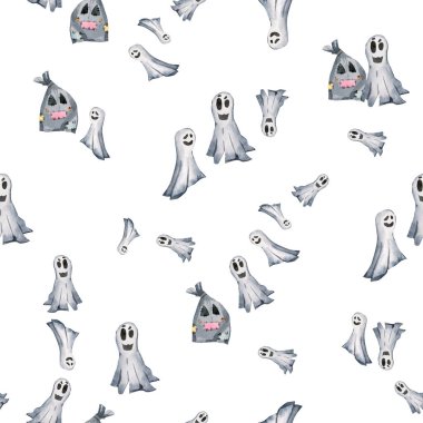 Suluboya Cadılar Bayramı modeli. Beyaz arka planda elle boyanmış karikatür tarzı hayalet.