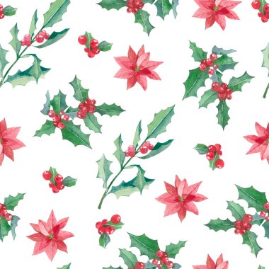 Suluboya kusursuz Noel botanik deseni. Paket kağıdı, tekstil kumaşı ve duvar kağıdı dekoru için dalları, yaprakları, böğürtlenleri ve çiçekleri olan el çizimleri