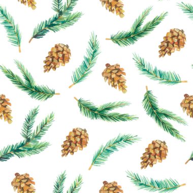 Yeşil dallı suluboya desensiz Noel çiçekleri ve ambalaj kağıdı, tekstil kumaşı ve duvar kağıdı dekoru için koni.