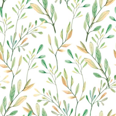 Düşen yaprakların ve dalların suluboya desenleri. Orman tasarım illüstrasyonu arka plan dokusu, ambalaj kağıdı, tekstil veya duvar kağıdı tasarımı, tebrik kartları, düğün davetiyeleri, tırnak ve dekorasyonlar, şablon olarak kullanılabilir.