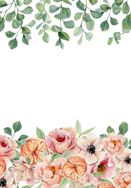 Watercolor floral banner with flowers roses, anemones isolated on white background. Botanical vintage illustration for cards, wedding invitation, posters, frame.