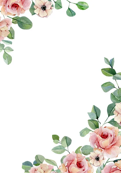 Акварельна Квіткова Рамка Квітковими Трояндами Анемони Ізольовані Білому Тлі Ботанічна — стокове фото