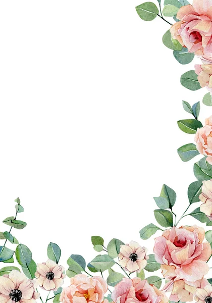 Moldura Floral Aquarela Com Flores Rosas Peônias Anêmonas Isoladas Fundo — Fotografia de Stock