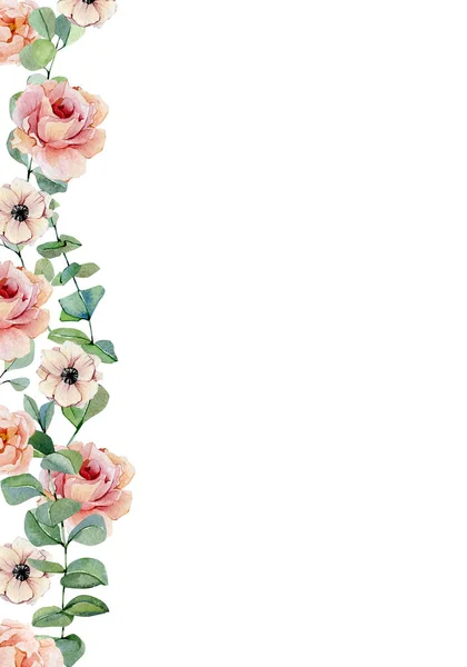 Watercolor floral frame with flowers roses, peonies, anemones isolated on white background. Botanical spring summer illustration for cards, wedding invitation, posters, banner.