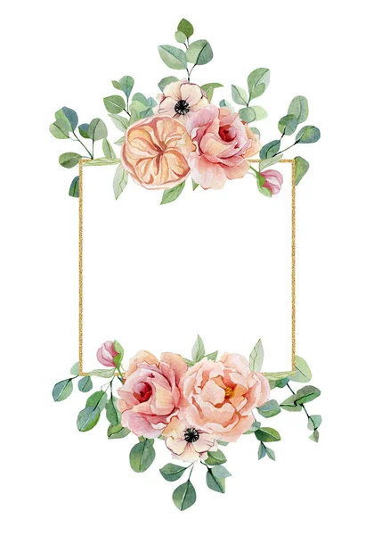Cartão Saudação Floral Aquarela Com Flores Rosas Anêmonas Peônias Isoladas — Fotografia de Stock