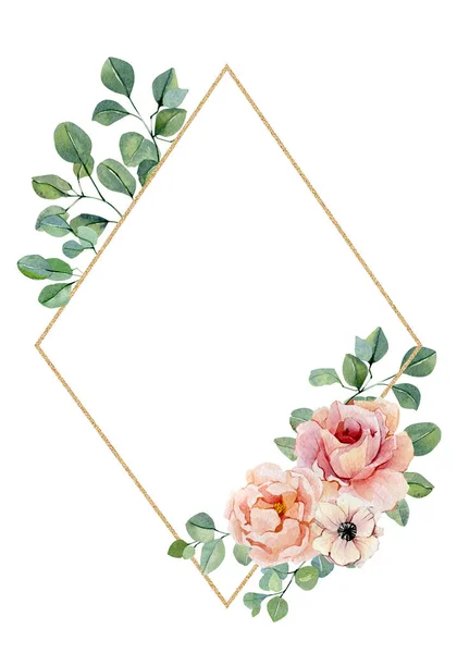Acquerello Verde Floreale Banner Con Fiori Rose Anemoni Isolati Sfondo — Foto Stock