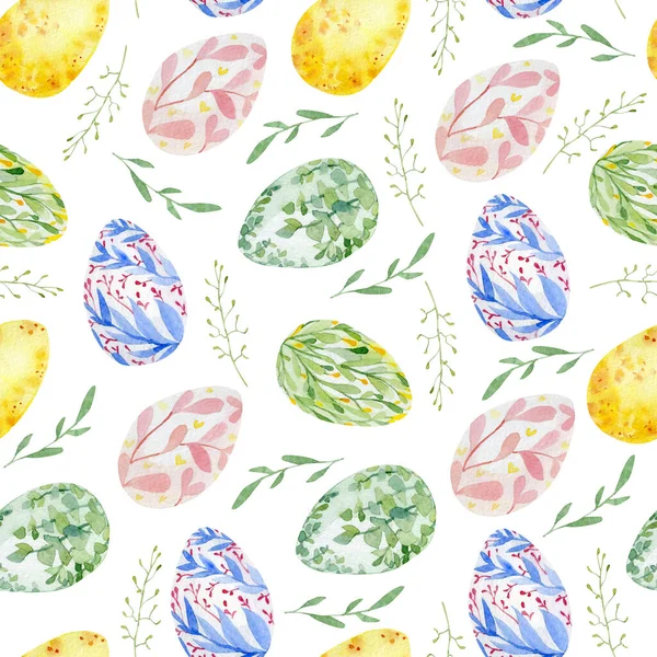 Suluboya el, parlak Paskalya yumurtaları, dallar ve çiçeklerle beyaz arka planda kusursuz desenler çizdi. Paket kağıdı, tekstil kumaşı, kutlama şablonu için sonsuz doku.