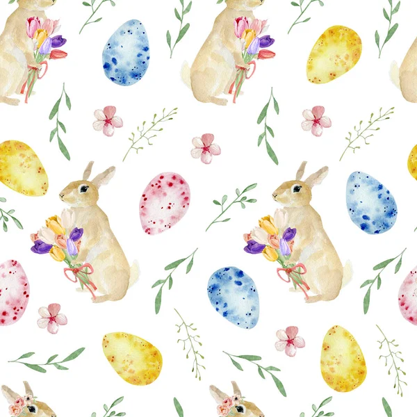 Watercolor Happy Easter Seamless Pattern Spring Botanical Greenery Flower Cute — Foto Stock