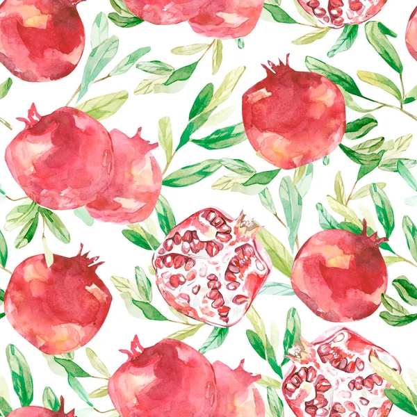 Watercolor Pomegranate Seamless Pattern Spring Botanical Texture Leaves Branches Fruit —  Fotos de Stock