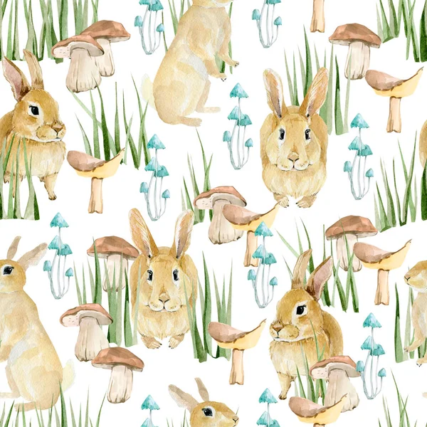 Watercolor Seamless Pattern Forest Animal Cute Baby Illustration Rabbit Green — Stockfoto