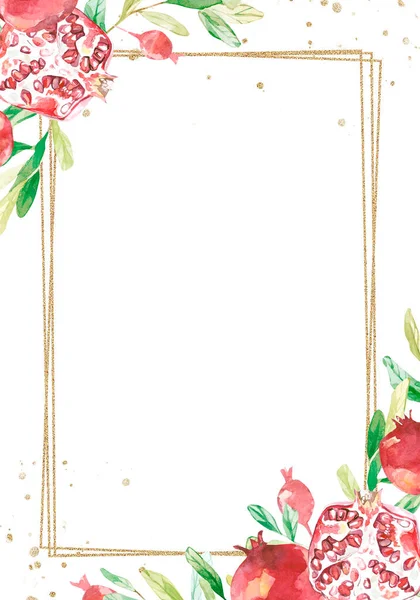 Nar ile suluboya yaz kartı. Bahar botanik dokusu yaprakları ve meyve dalları. Tebrik kartı, düğün kartı, poster, şablon için parlak bir davet çerçevesi.